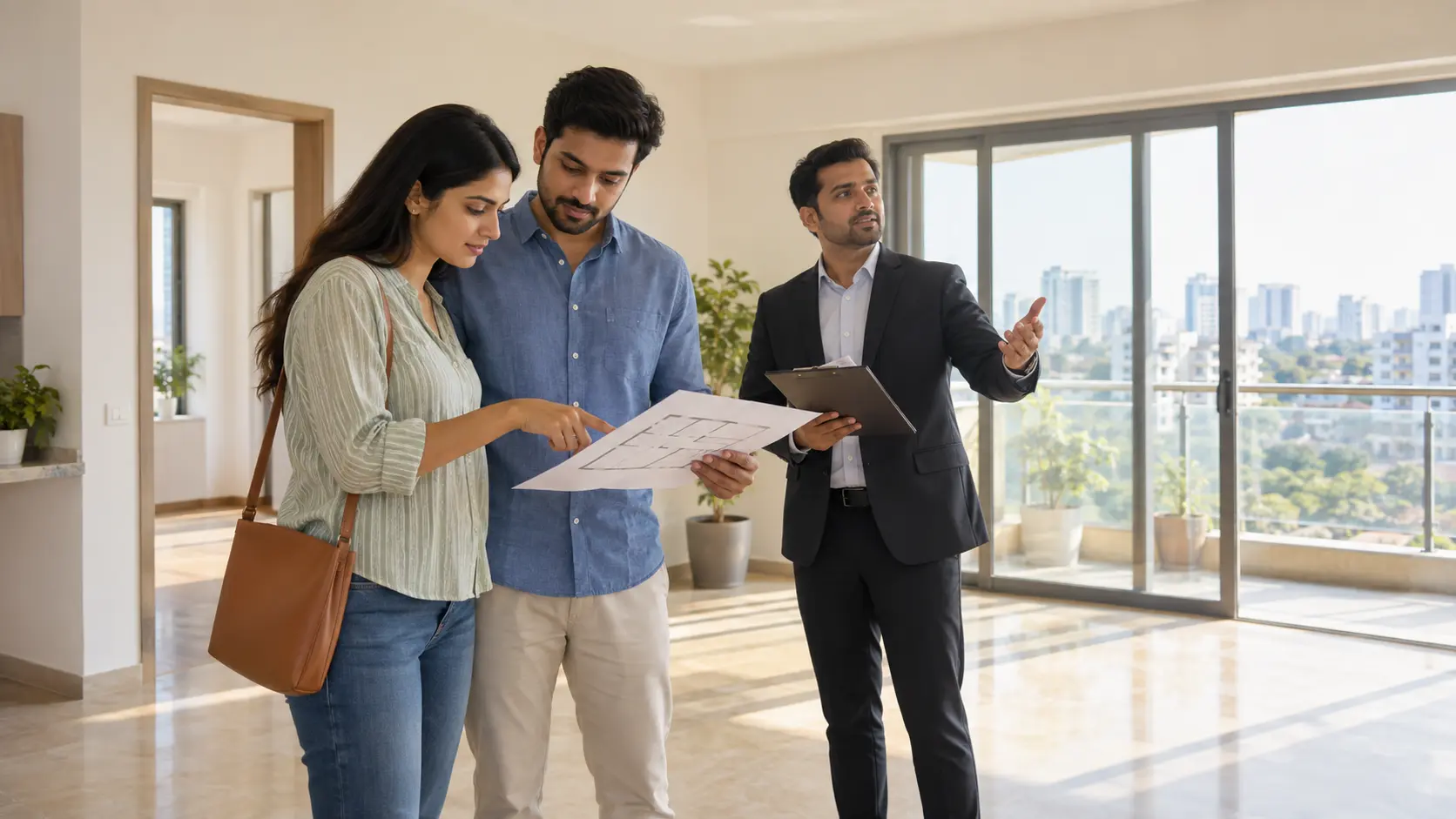 First-time Indian homebuyers reviewing property documents and apartment plans