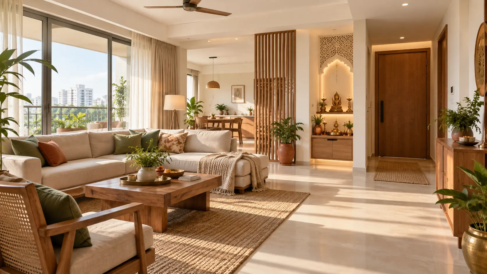 Bright Vastu-inspired Indian home interior with natural light and organised furniture