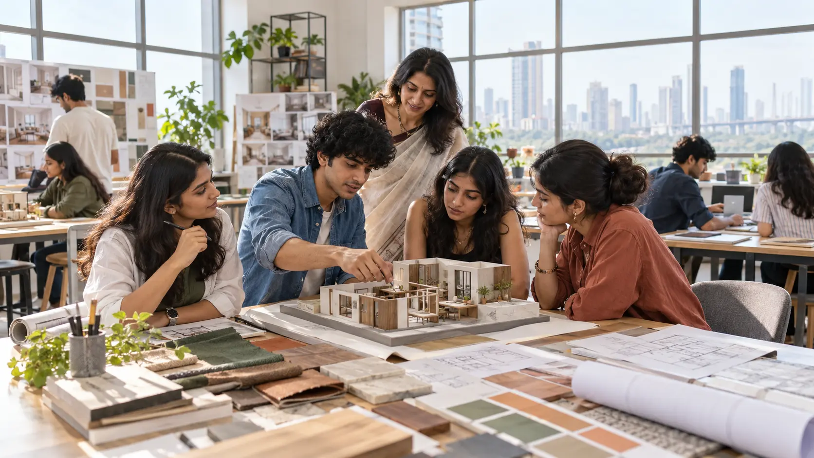 Interior design students working on material samples and floor plans at a college in Mumbai